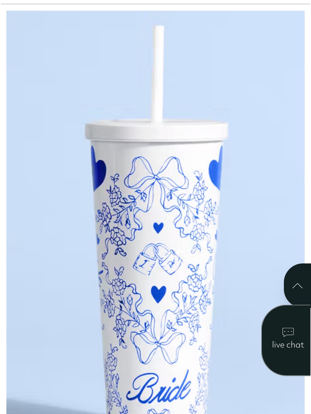 David's Bridal White Tumbler with Blue Floral and Heart Design